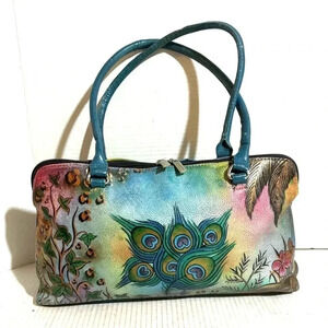 Biacci hand painted peacock feathers floral satchel handbag
